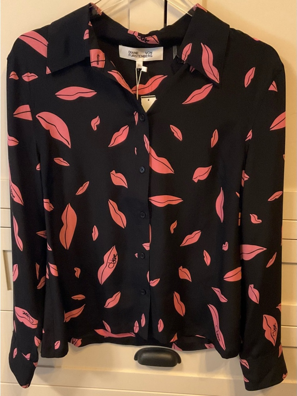 Diane von Furstenberg Black Blouse with Pink Lip Print